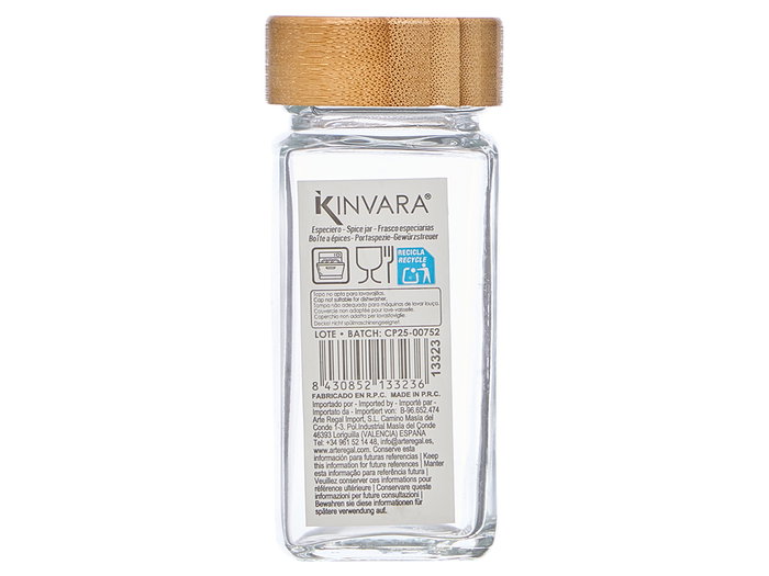 Kinvara Especiero con Tapa de Bambú y Vidrio, 200 ml, 4x10x4 cm, Color Bambú y Transparente (Set de 48)