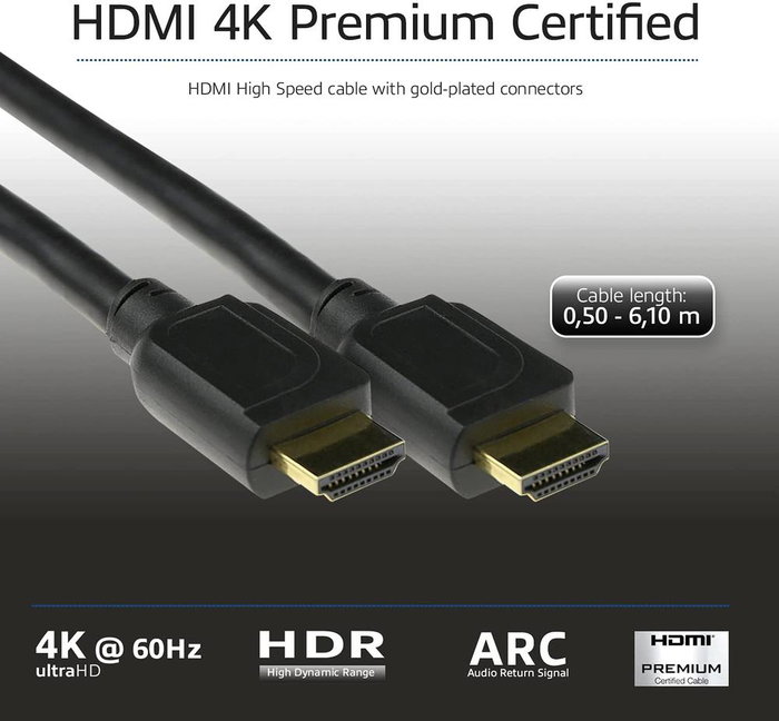 ACT Connectivity AK3944 Cable HDMI Premium 2m - 4K Ultra HD 60Hz, HDMI 2.0, 18Gbps, ARC, Conectores Dorados, Negro