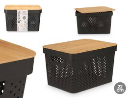 Kinvara Caja Multiusos Perforada con Tapa de Bambú Negra 22cm