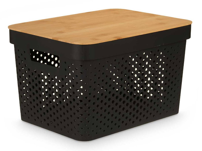 Kinvara Caja Multiusos Perforada con Tapa de Bambú Negra 22cm Kinvara Caja Multiusos Perforada con Tapa de Bambú Negra 22cm