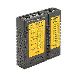 DeLOCK 86407 Kabeltester, Comprobador de cables de par trenzado RJ45 y RJ12 con Ensayo de transmisión y Portfinder, Indicadores LED, 9 V