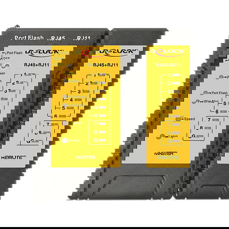 DeLOCK 86407 Kabeltester, Comprobador de cables de par trenzado RJ45 y RJ12 con Ensayo de transmisión y Portfinder, Indicadores LED, 9 V