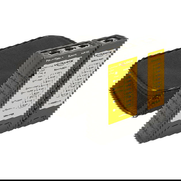 DeLOCK 86407 Kabeltester, Comprobador de cables de par trenzado RJ45 y RJ12 con Ensayo de transmisión y Portfinder, Indicadores LED, 9 V