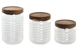 DKD Home Decor Set de 3 Botes de Cristal y Acacia 700ml