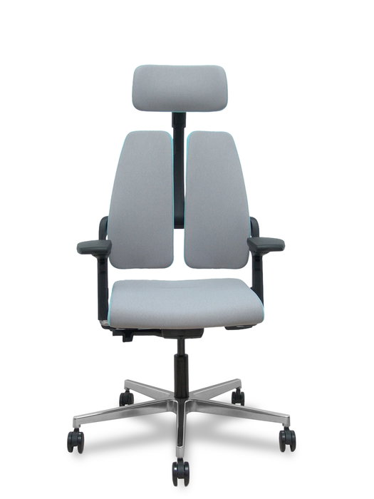 Silla de oficina Xilium con mecanismo Sincro/Traslack tapizada con Tela color Gris. Equipada con Base aluminio, Brazos 4D, Cabecero 2D y Ruedas 65mm autofrenantes