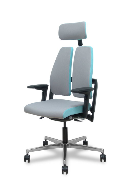 Silla de oficina Xilium con mecanismo Sincro/Traslack tapizada con Tela color Gris. Equipada con Base aluminio, Brazos 4D, Cabecero 2D y Ruedas 65mm autofrenantes