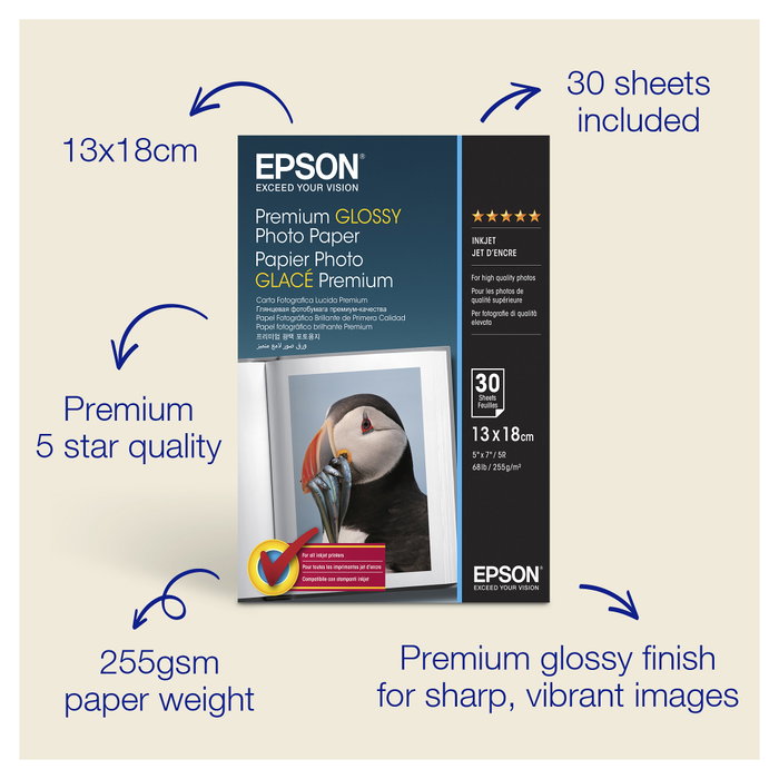 Epson Premium Glossy Photo Paper 13x18cm 255g 30 Hojas