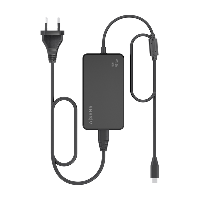 Aisens ASCH-1PD90D069-BK Cargador GaN 90W USB-C PD3.0 con Cable 1.8M, Detección Automática de Voltaje (5-20V) y Múltiples Protecciones, Negro