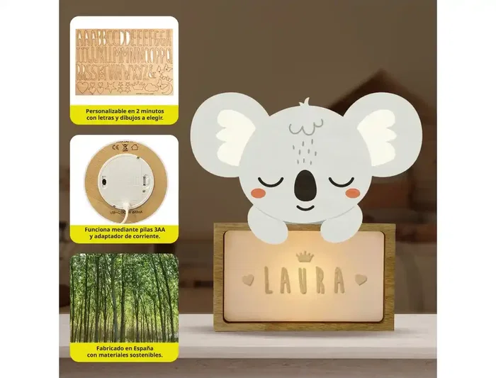 Wondee Lámpara Infantil Personalizable Little Koala Oso Perezoso Madera Sostenible Luz Nocturna Quit Miedos Regalo Bebé