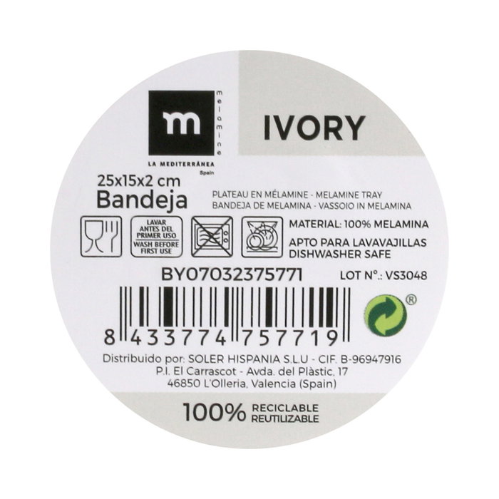 La Mediterranea Bandeja Melamina Ivory 25x15x2cm MD