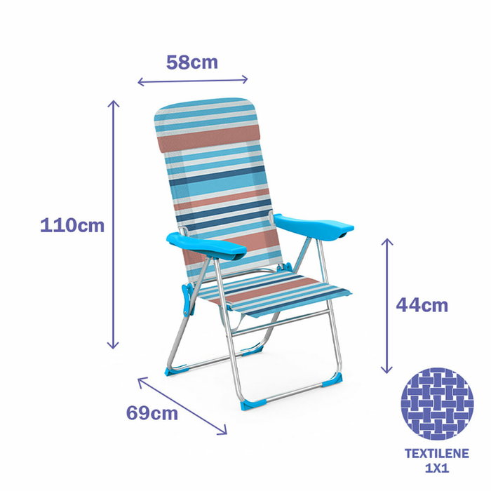 Marbueno Silla Plegable de Aluminio con 5 Posiciones y Cojín de Rayas Naranjas y Azules Marbueno Silla Plegable de Aluminio con 5 Posiciones y Cojín de Rayas Naranjas y Azules