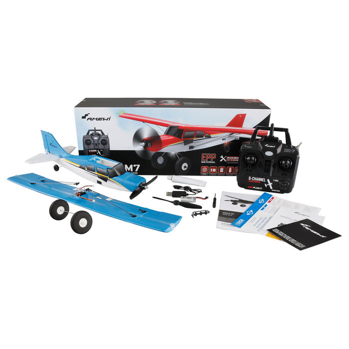 AMEWI Avión de Radio Control Maule M7 RC Listo para Volar (RTF) Azul 51cm Envergadura, Motor Brushless 4 Canales 3D/6G, Batería 500mAh, para +14 Años