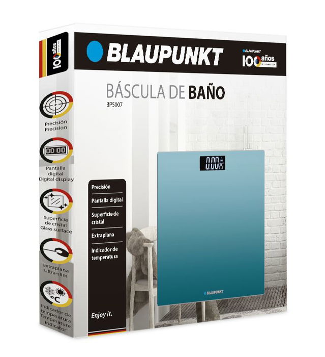 BLAUPUNKT Báscula de Baño Digital con Indicador de Temperatura y Superficie de Cristal Extraplano