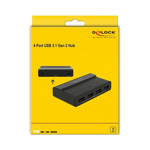 DeLOCK 64053 Hub USB 3.2 Gen 2 de 4 Puertos Tipo-C y Tipo-A, Velocidad 10 Gbps, Negro, Incluye Cable y Adaptador AC