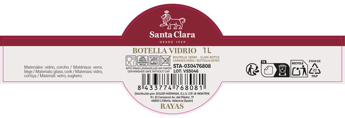 Santa Clara Botella de Vidrio 1 Litro con Tapa de Corcho, Rayas Horizontales, Color Santa Clara (12 Unidades)