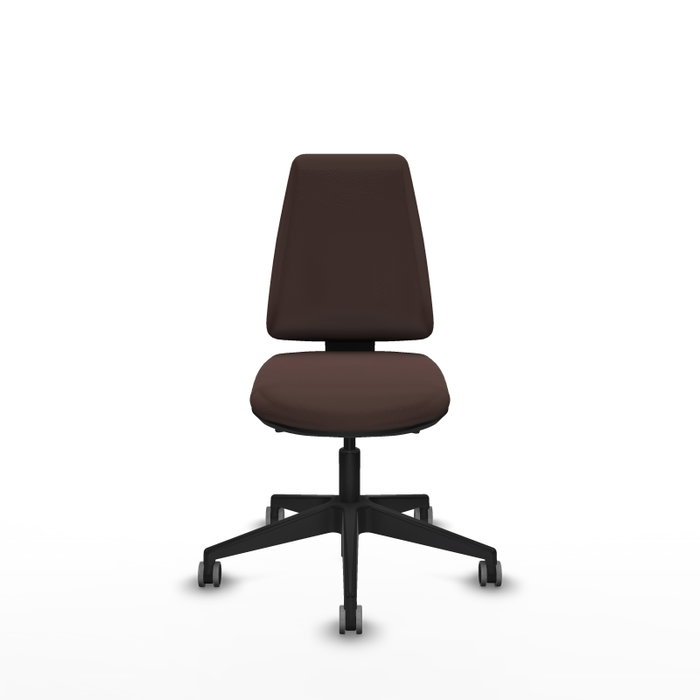 Silla de oficina Elche con mecanismo Asincro tapizada con Similpiel color Marrón oscuro. Equipada con Base piramidal negra, Sin brazos y Ruedas 65 mm parqué