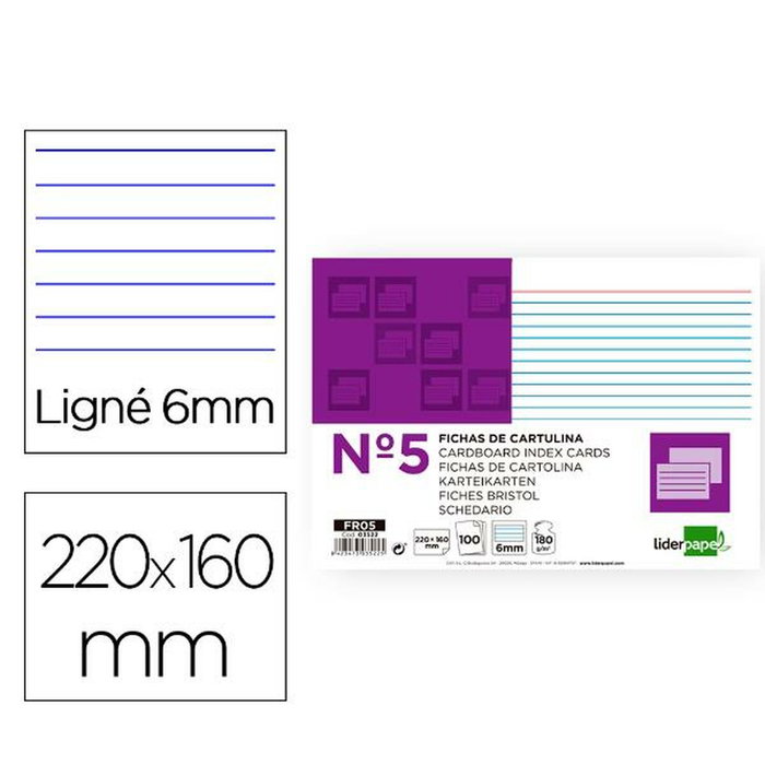 Liderpapel Ficha rayada nº5 160x220 mm 180gr, 100 unidades Liderpapel Ficha rayada nº5 160x220 mm 180gr, 100 unidades