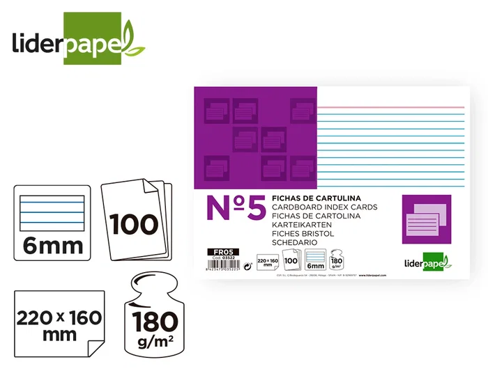 Liderpapel Fichas Rayadas Nº5 160x220 mm 180gr Paquete de 100 Unidades