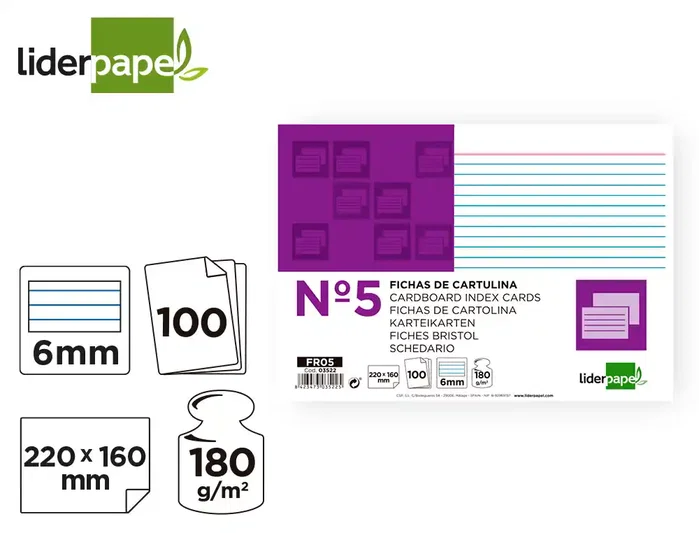 Liderpapel Ficha rayada nº5 160x220 mm 180gr, 100 unidades
