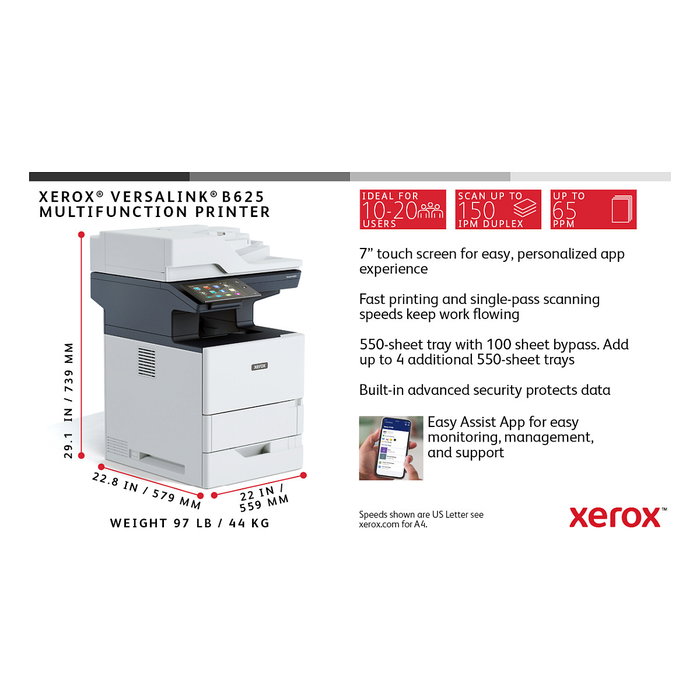 Xerox VersaLink B625/DN Láser Multifunción A4 Negro/Gris 61 ppm Copiadora Impresora Escáner Fax Dúplex USB LAN WiFi
