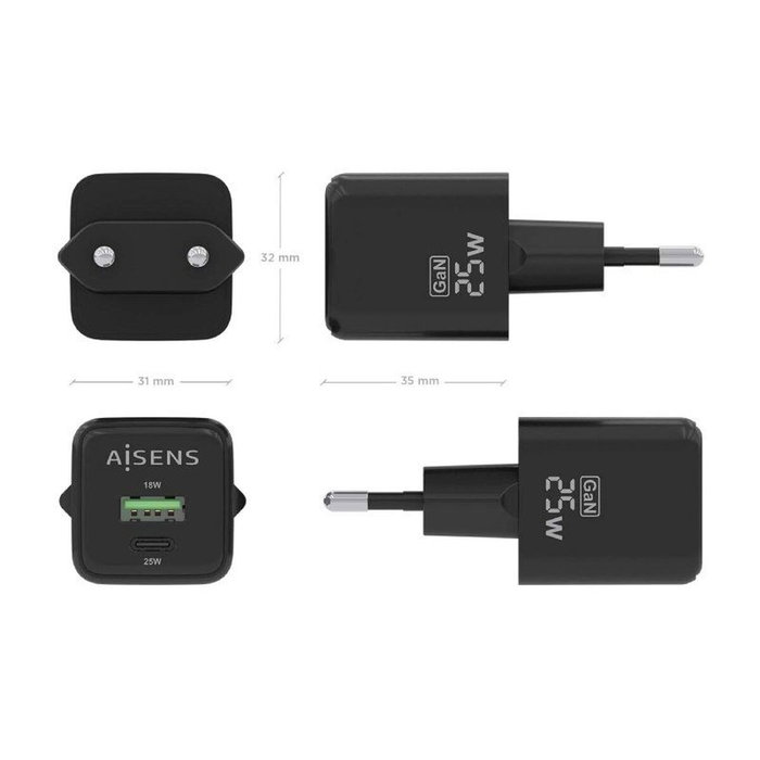 Aisens Cargador GaN 25W con USB-C PD3.0 y USB-A QC3.0 Negro