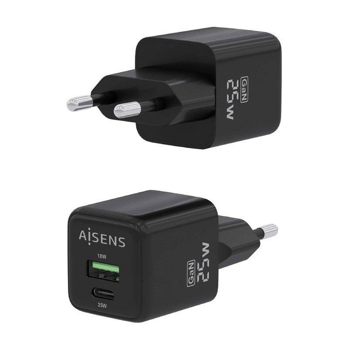 Aisens Cargador GaN 25W con USB-C PD3.0 y USB-A QC3.0 Negro