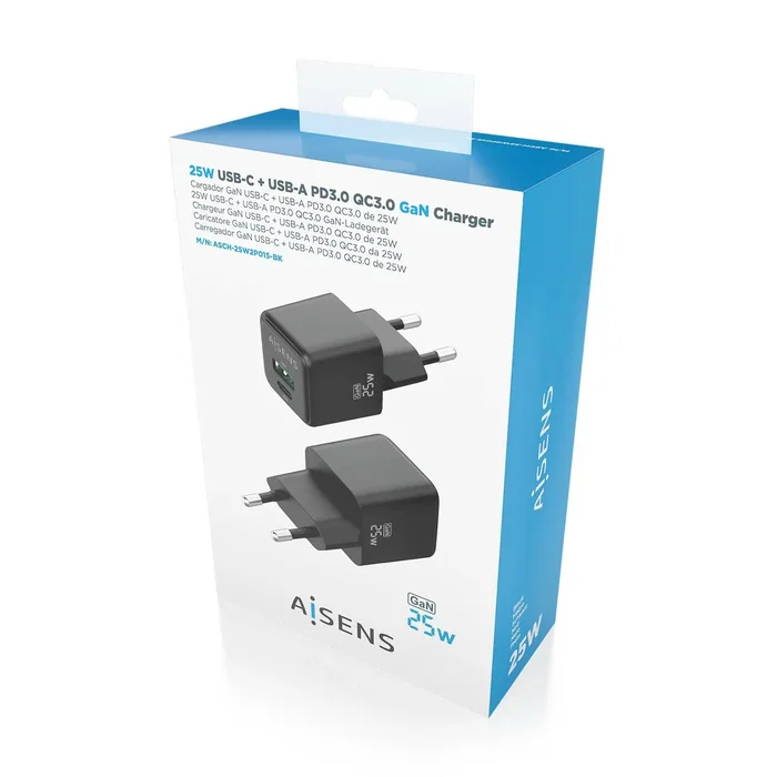 Aisens Cargador GaN 25W con USB-C PD3.0 y USB-A QC3.0, Negro