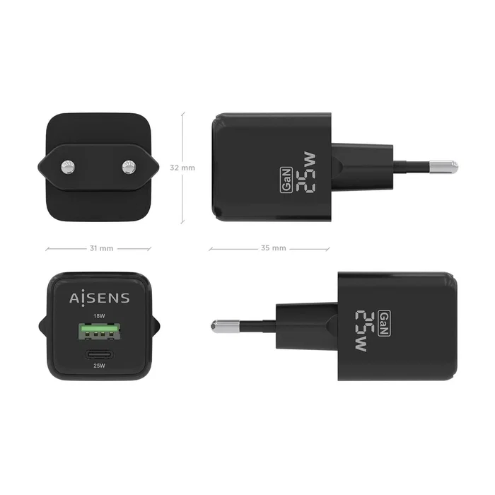 Aisens Cargador GaN 25W con USB-C PD3.0 y USB-A QC3.0, Negro