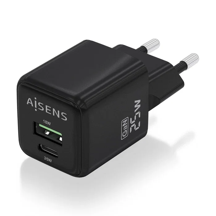 Aisens Cargador GaN 25W con USB-C PD3.0 y USB-A QC3.0, Negro