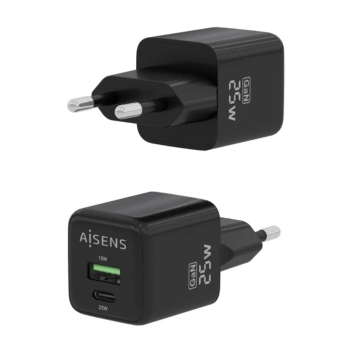 Aisens Cargador GaN 25W con USB-C PD3.0 y USB-A QC3.0, Negro
