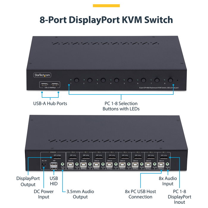 StarTech Switch KVM de 8 Puertos DisplayPort 4K 60Hz con Montaje 1U para Rack, Conmutador 8 Ordenadores con Audio, Control por Botón/Hotkey y Hub USB 4 Puertos, Certificado TAA