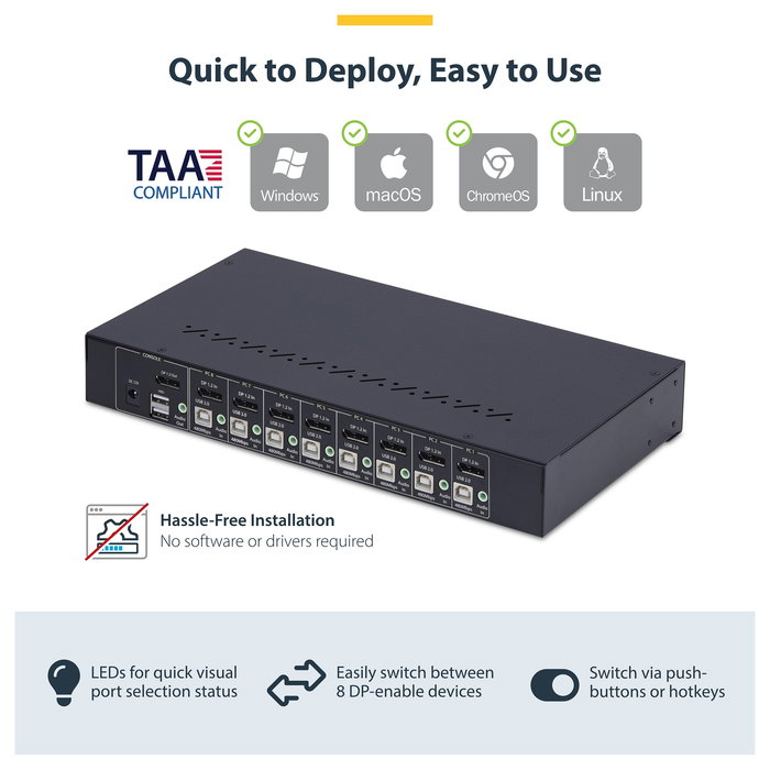 StarTech Switch KVM de 8 Puertos DisplayPort 4K 60Hz con Montaje 1U para Rack, Conmutador 8 Ordenadores con Audio, Control por Botón/Hotkey y Hub USB 4 Puertos, Certificado TAA