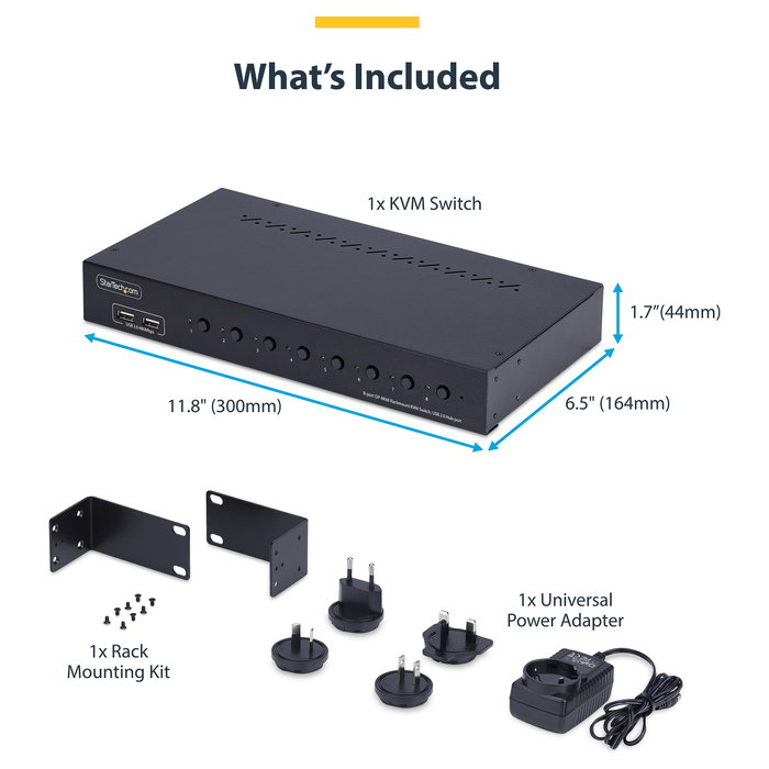 StarTech Switch KVM de 8 Puertos DisplayPort 4K 60Hz con Montaje 1U para Rack, Conmutador 8 Ordenadores con Audio, Control por Botón/Hotkey y Hub USB 4 Puertos, Certificado TAA