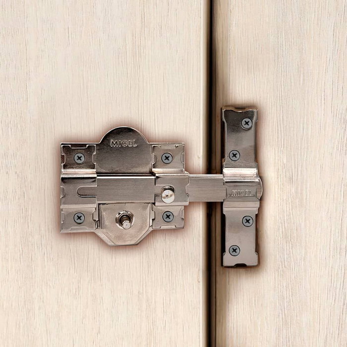 Micel Crr08 Cerrojo de Sobreponer Reversible, Placa 86 mm y Cilindro Boca Pera 70 mm, Acabado Níquel, con 3 Llaves Serreta, para Cualquier Puerta