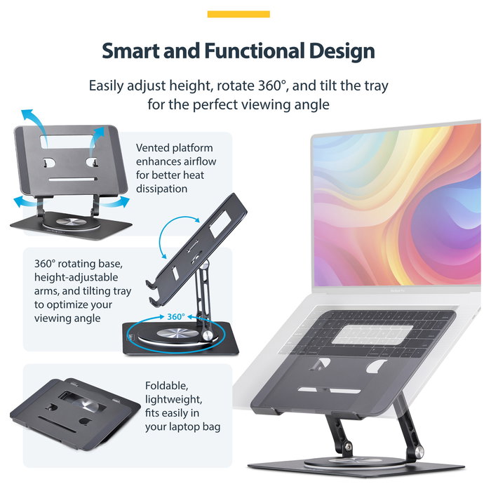StarTech.com Soporte Elevador de Ordenador Portátil ATFR-LAPTOP-RISER Plata de Aluminio de 360°