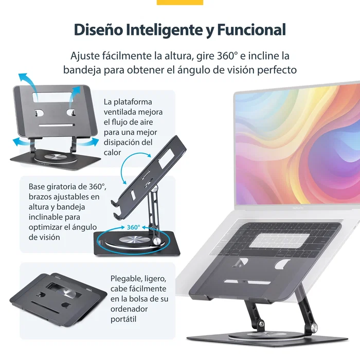 StarTech.com Soporte Elevador de Portátil con Base Giratoria de 360°, Plata