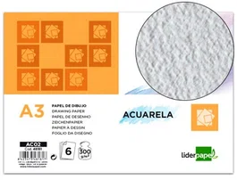 Liderpapel Papel de Dibujo Acuarela 297x420mm 300g/m2 Pack de 6 Hojas