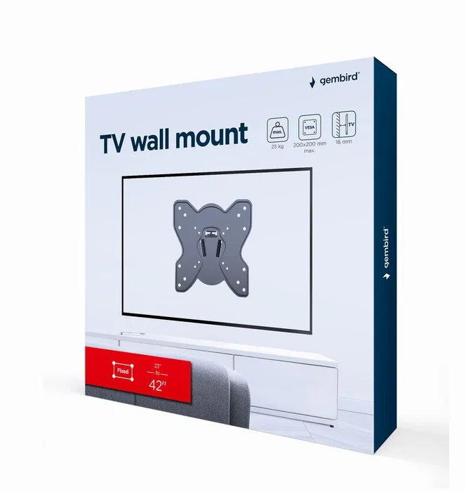 Gembird WM-42F-03 Soporte de Pared Fijo para TV 23-42", Hasta 25 kg, VESA 200x200, Negro, Incluye Kit de Montaje