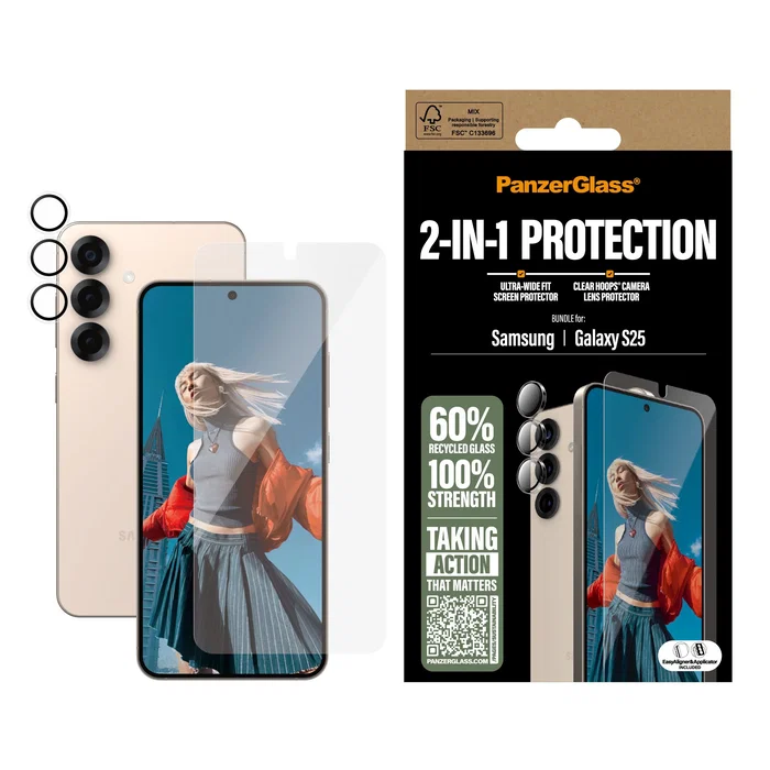 PanzerGlass Protector de Pantalla de Vidrio Templado y Kit Limpieza para Samsung Galaxy S25, 2 en 1, Aplicación en Seco, Anti-huellas, Bordes Redondeados