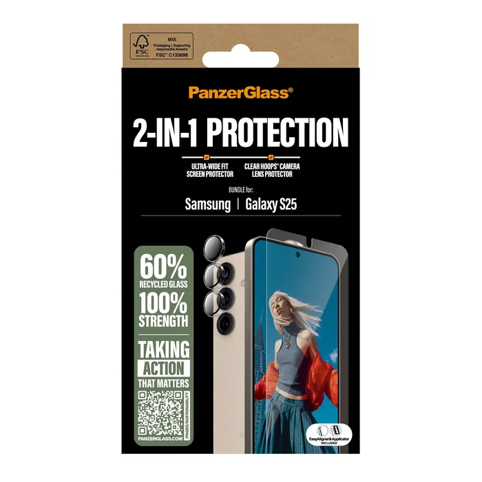 PanzerGlass Protector de Pantalla de Vidrio Templado y Kit Limpieza para Samsung Galaxy S25, 2 en 1, Aplicación en Seco, Anti-huellas, Bordes Redondeados
