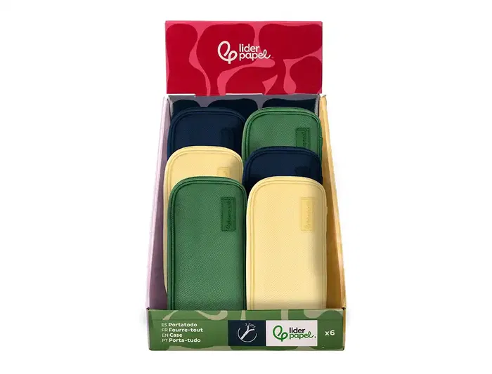 Liderpapel Estuche Portatodo Funky con 3 Cremalleras y Aperturas Laterales, 220 x 100 x 65 mm, Colores Surtidos, Expositor 6 Unidades, Ideal para Estudiantes y Profesionales