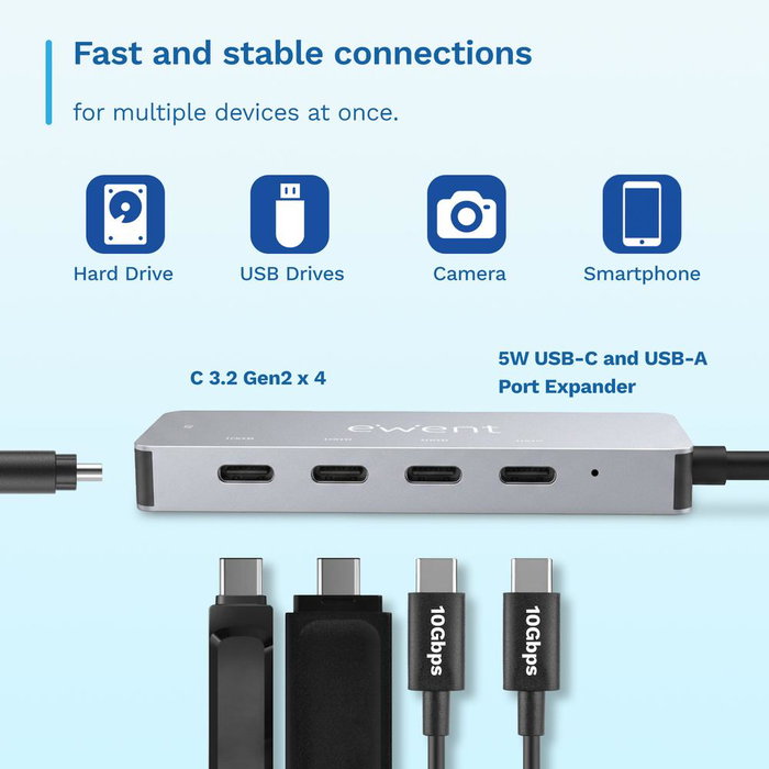 Ewent EW1151 Hub USB-C 3.2 Gen 2 Docking Station - 4 Puertos USB-C de Expansión - Transferencia de Datos hasta 10 Gbps - Compatible con MacBook, iPad, Galaxy