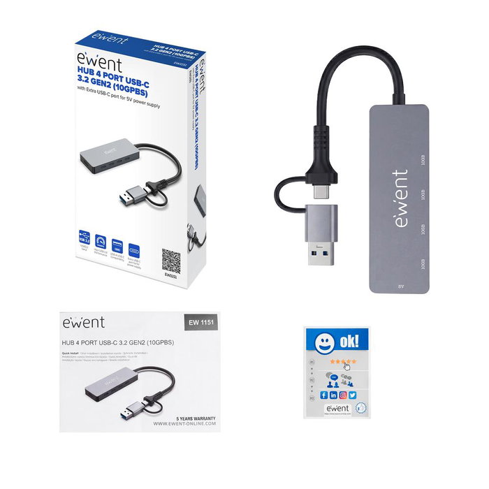 Ewent EW1151 Hub USB-C 3.2 Gen 2 Docking Station - 4 Puertos USB-C de Expansión - Transferencia de Datos hasta 10 Gbps - Compatible con MacBook, iPad, Galaxy
