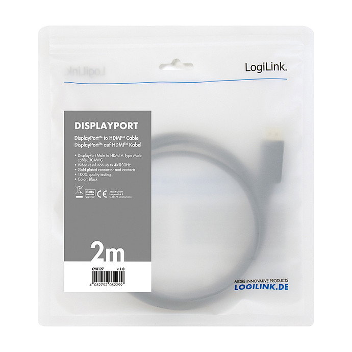 LogiLink Adaptador Cable DisplayPort 1.2 Macho a HDMI 1.4 Macho 4K 30Hz 2m Negro, CV0127