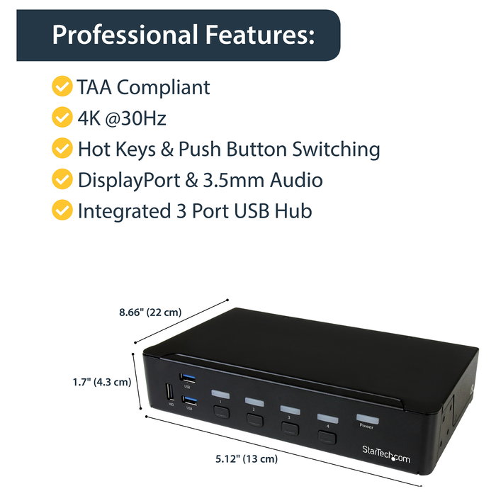StarTech Comutador KVM de 4 Puertos DisplayPort con Hub USB 3.0 - 4K Ultra HD 30Hz 3840x2160p - Montaje en Rack