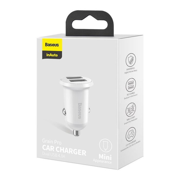 Baseus Cargador de Coche 24W 2 Puertos USB 2.4A+2.4A (4.8A) - Blanco