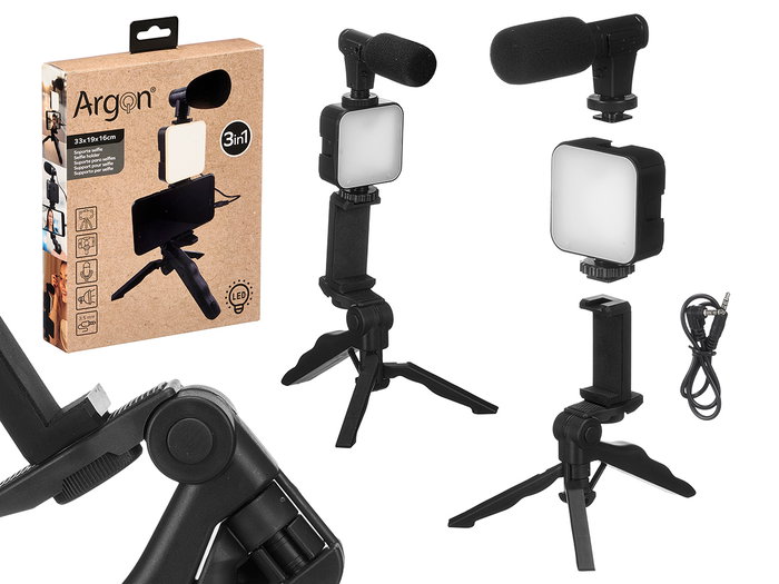 Argon Soporte Selfie 3 en 1 - Trípode Extensible con Cable de 55 cm, 18 x 26.5 x 18 cm, Material Plástico, Color Negro, Funciona con 3 Pilas AA (No Incluidas) (Set de 8) Argon Soporte Selfie 3 en 1 - Trípode Extensible con Cable de 55 cm, 18 x 26.5 x 18 cm, Material Plástico, Color Negro, Funciona con 3 Pilas AA (No Incluidas) (Set de 8)