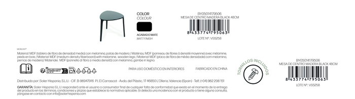 Inde Mesa de Centro de Madera, Negro, 48,9 x 54,3 x 7,7 cm (4 Unidades)