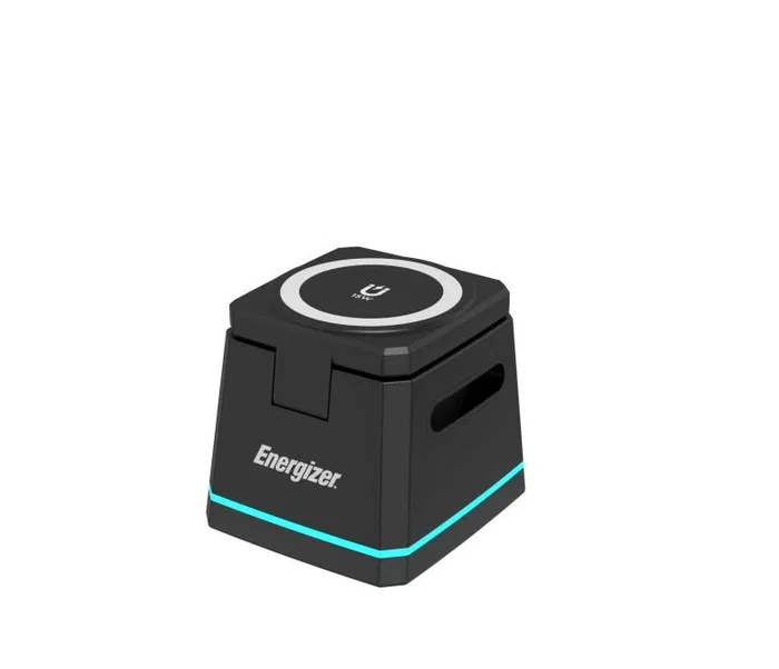 Energizer WCP307 Cargador Inalámbrico 15W 3 en 1 con Base, Compatible con MagSafe y Qi para Smartphone, Auriculares y Reloj - Carga Rápida, Negro