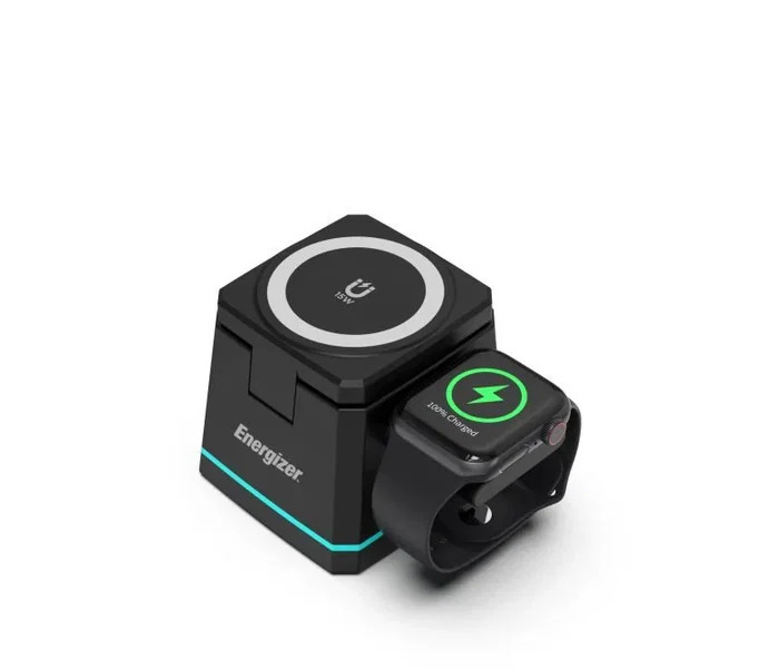 Energizer WCP307 Cargador Inalámbrico 15W 3 en 1 con Base, Compatible con MagSafe y Qi para Smartphone, Auriculares y Reloj - Carga Rápida, Negro